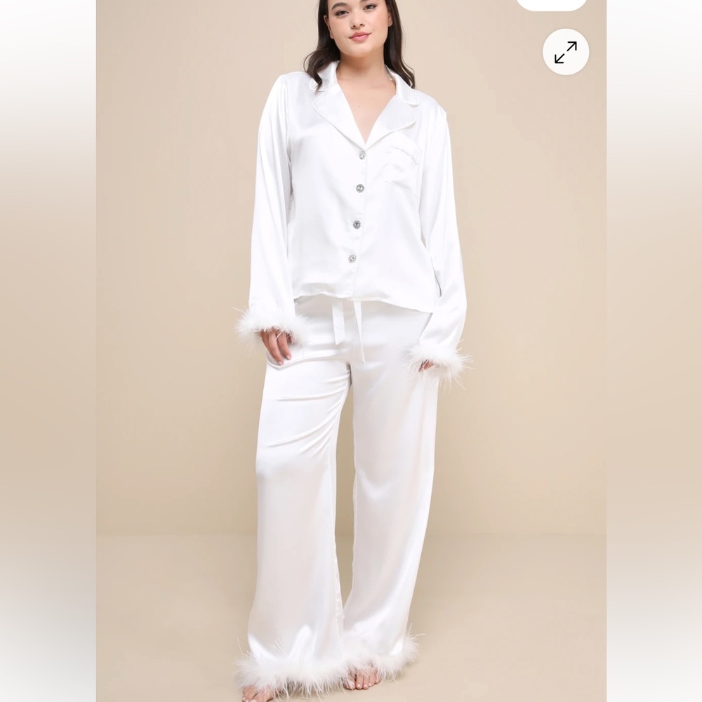 Lulu's White Satin Feather-Trim Pajama Set